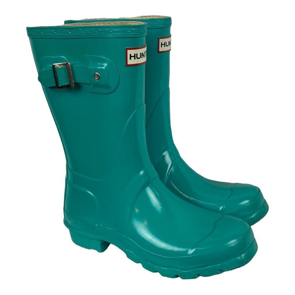 Hunter Womens Rain Boots Blue Round Toe Buckle Platform Heel Pull On 5 M